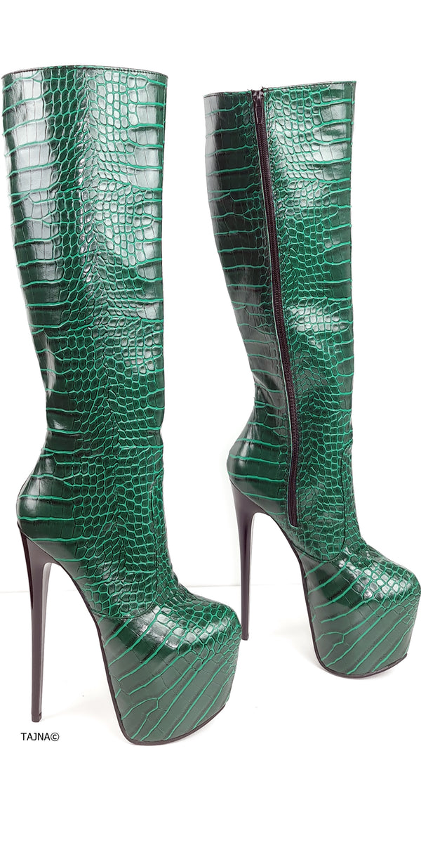 Green Croco Mid Calf High Heel Boots – Tajna Shoes