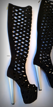 Black Suede Laser Cut Thigh High Thick Heel Boots