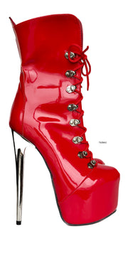Red Gloss Metallic Heel Military Style Ankle Boots