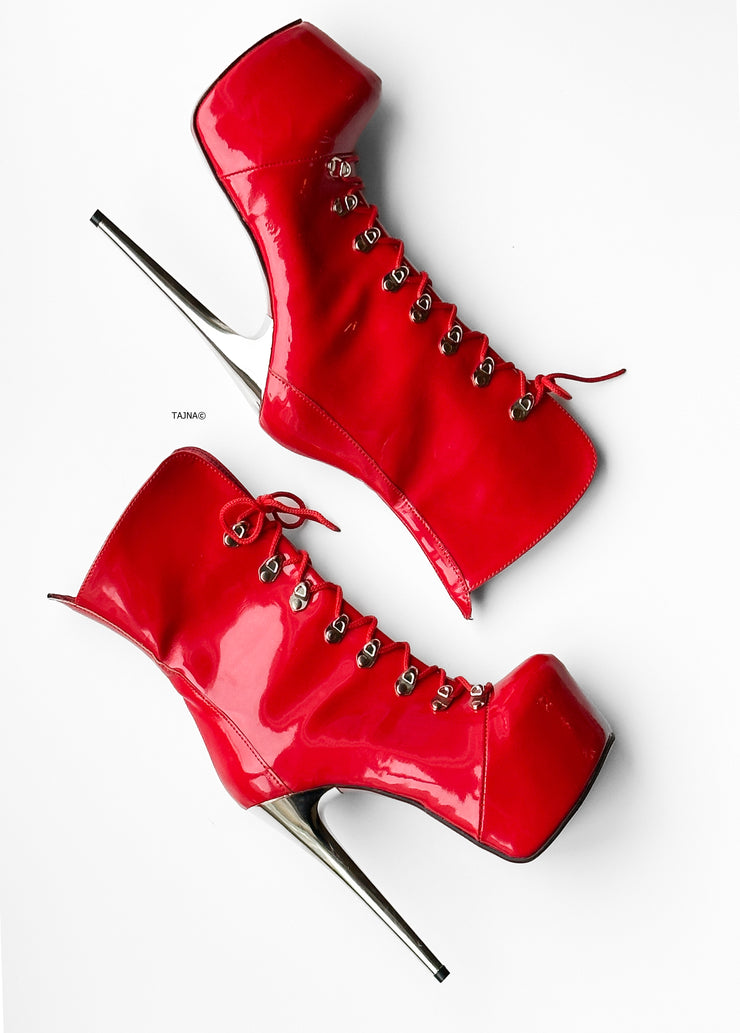 Red Gloss Metallic Heel Military Style Ankle Boots