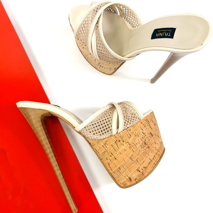 Cream Cork Detail Fishnet High Heel Mules Tajna Club
