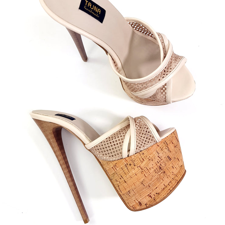 Cream Cork Detail Fishnet High Heel Mules Tajna Club