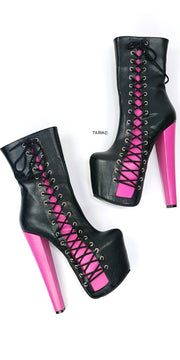 Black Pink Side Corset High Heel Boots
