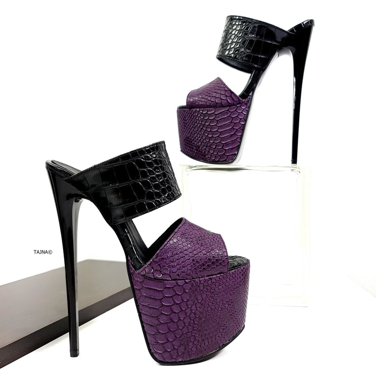 Croco Purple Black Double Strap High Heel Mules