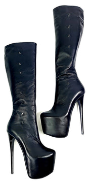 Spike Detailed Leather Black Mid-Calf Boots