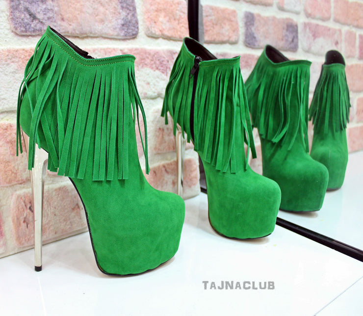 Green Fringed Platform Ankle Boots - Tajna Club