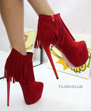 Red Fringed Platform Ankle Boots - Tajna Club