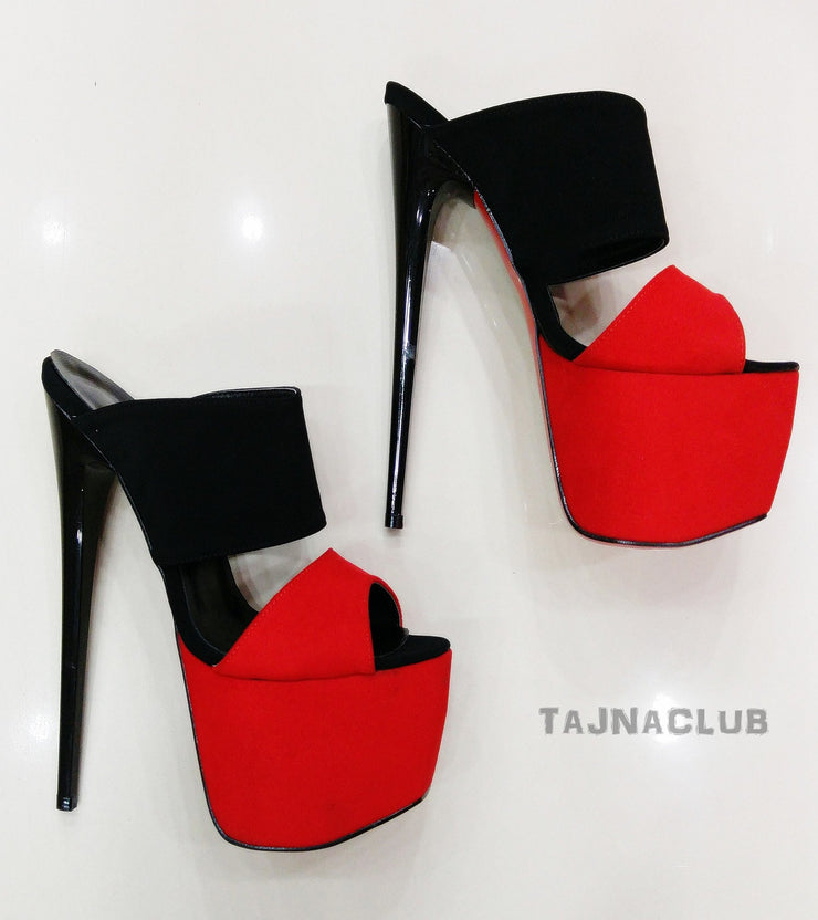 Red & Black Faux Suede Mules - Tajna Club