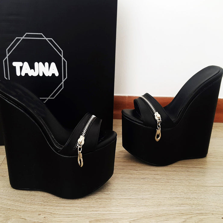 Black Zipper Peep Toe 16 cm Heel Wedge Mules - Tajna Club