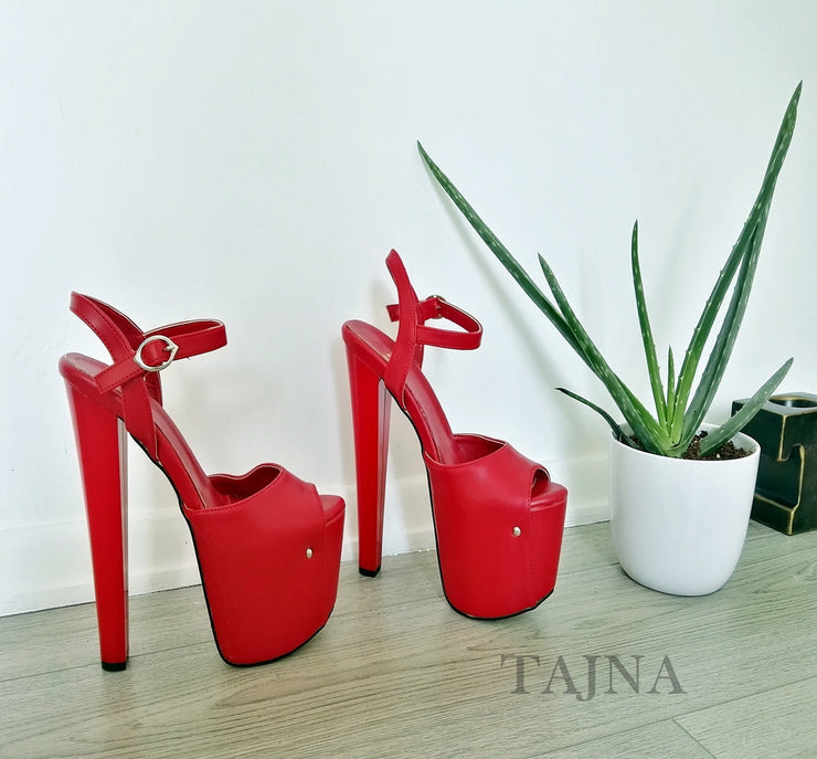 Red 19 cm High Heel Ankle Strap Platforms - Tajna Club