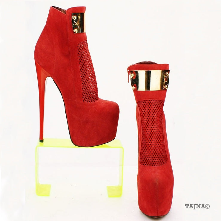 Ankle Red Faux Suede Fishnet High Platform Booties - Tajna Club