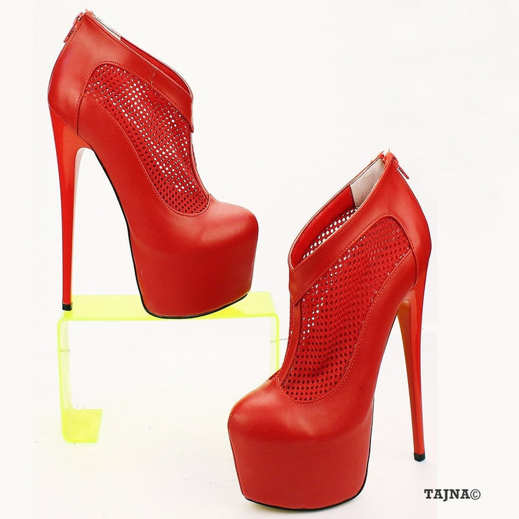 Red Faux Leather Fishnet High Platform Shoes - Tajna Club