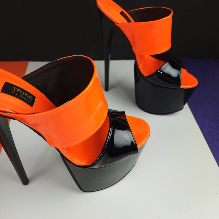 Black Orange Gloss Double Strap Mules Tajna club shoes halloween