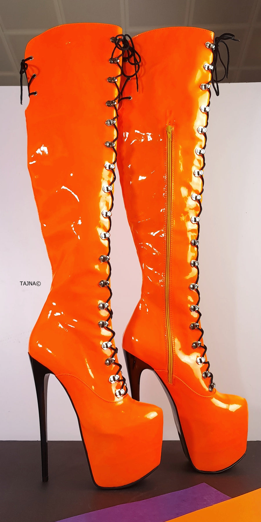 Orange Neon Gloss Military Style High Heel Boots | Tajna Shoes