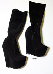 Mid Calf Black Strech Wedge Boots - Tajna Club
