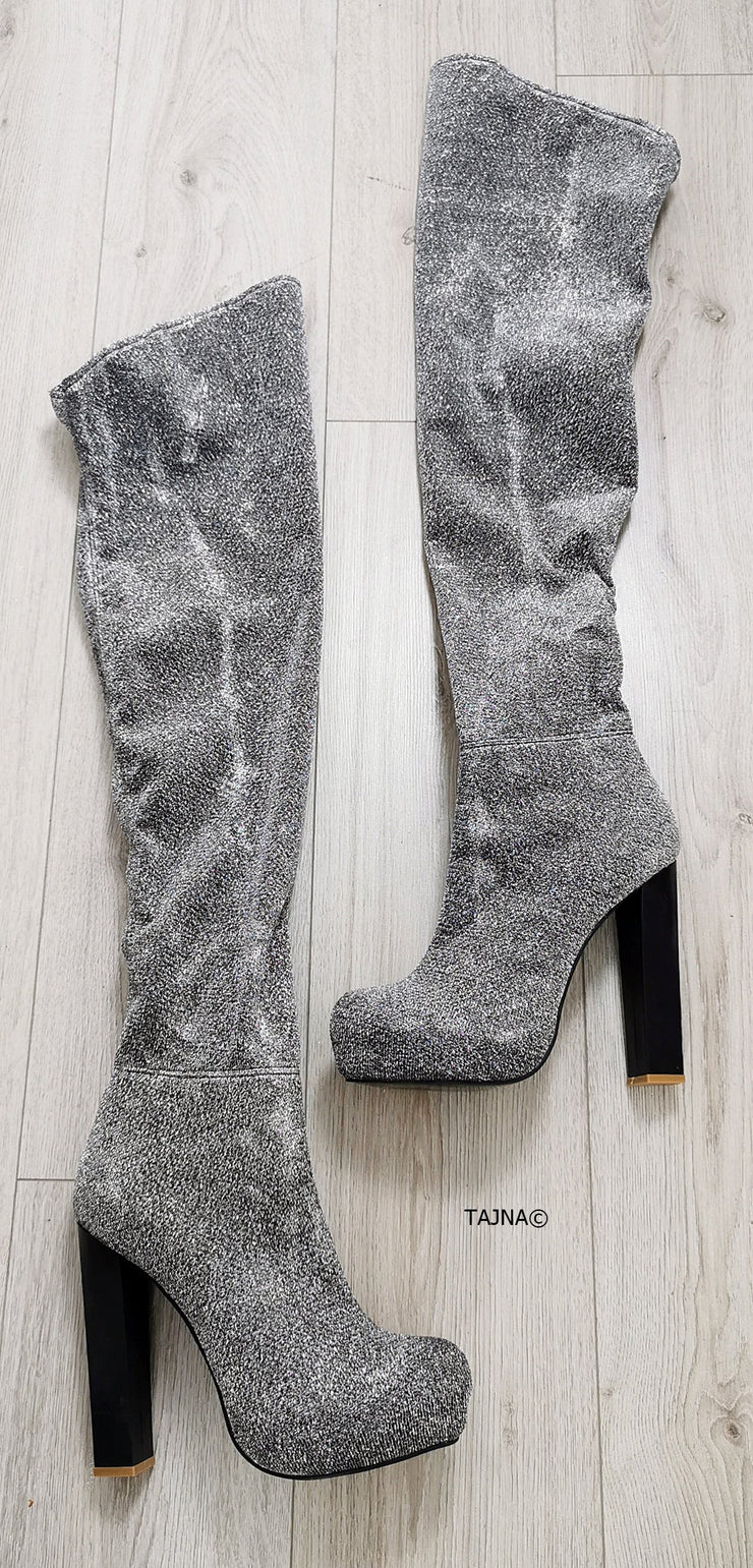 Silver Shiny Strech Fabric Long Boots - Tajna Club