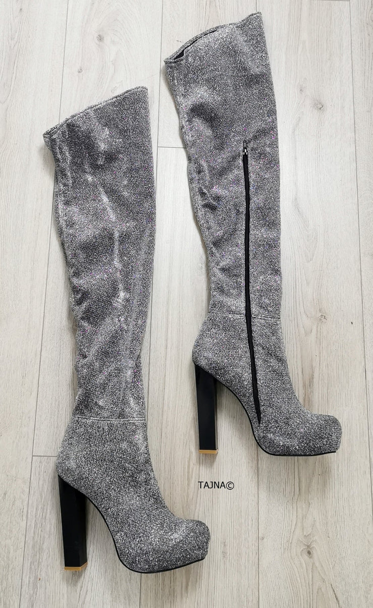 Silver Shiny Strech Fabric Long Boots - Tajna Club
