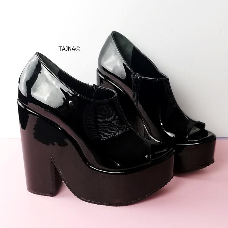 Black Patent Peep Toe Ankle Wedges - Tajna Club