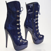Dark Blue Patent High Heel Booties - Tajna Club