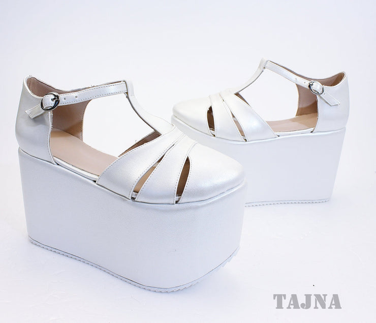 Ivory White Wedge Platform Shoes - Tajna Club