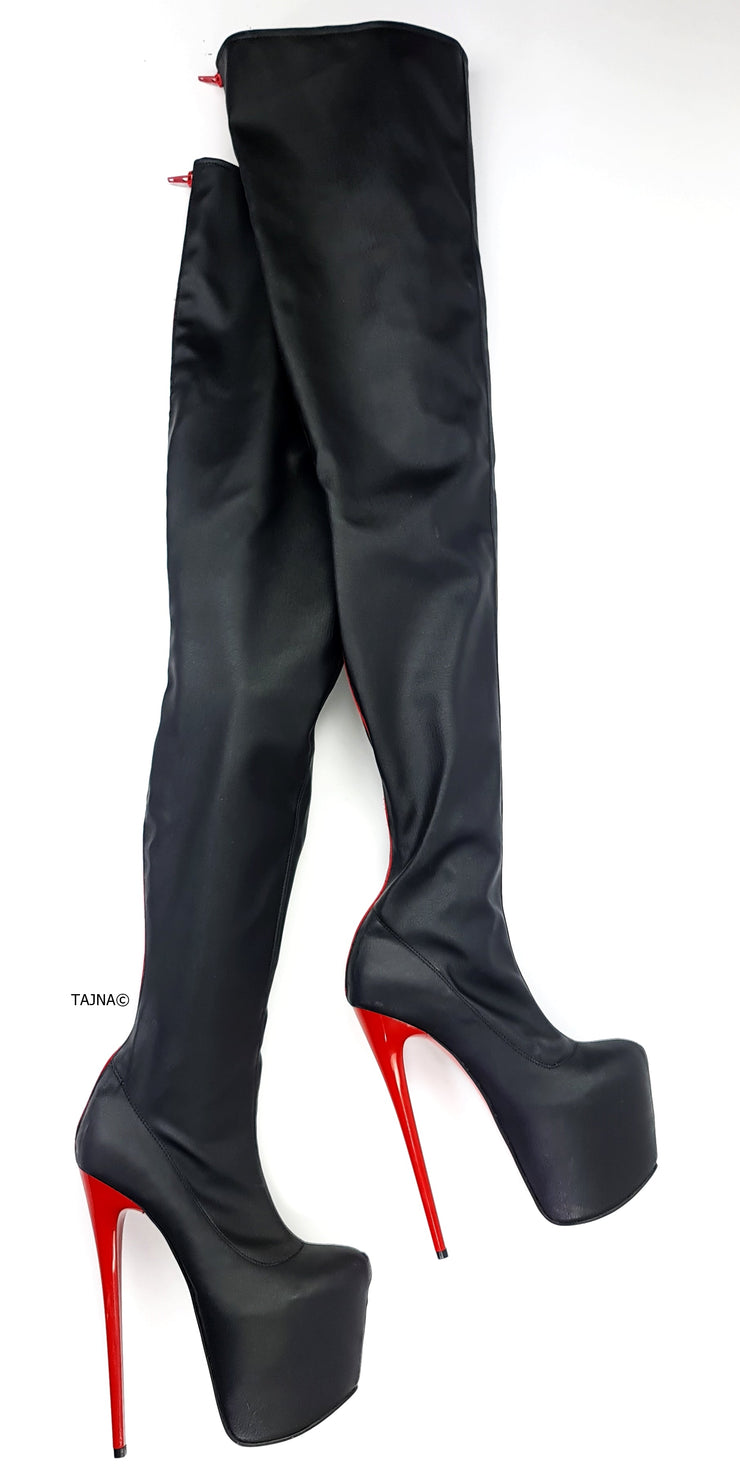 Black Red Full Zip High Heel Thigh Boots | Tajna Shoes