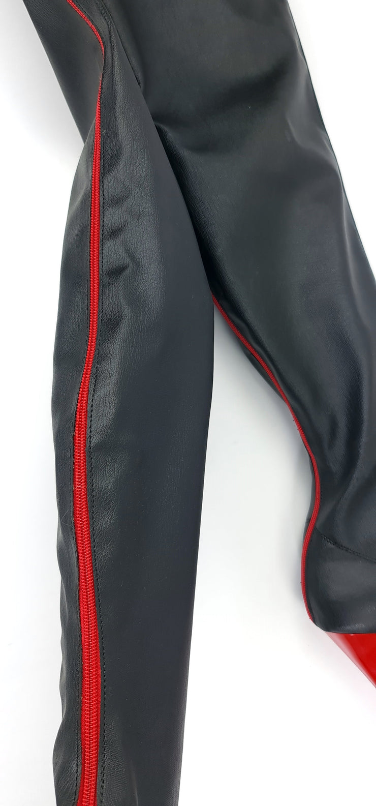 Black Red Full Zip High Heel Thigh Boots | Tajna Shoes