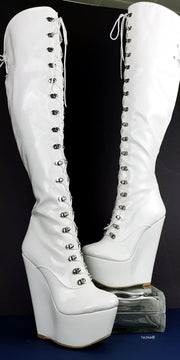 White Wedge Military Style Knee High Boots - Tajna Club