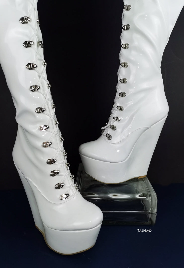 White Wedge Military Style Knee High Boots - Tajna Club