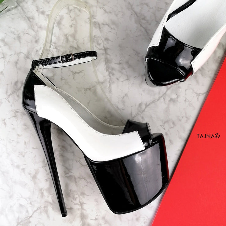 White Black Patent Ankle Strap Designer Heels - Tajna Club