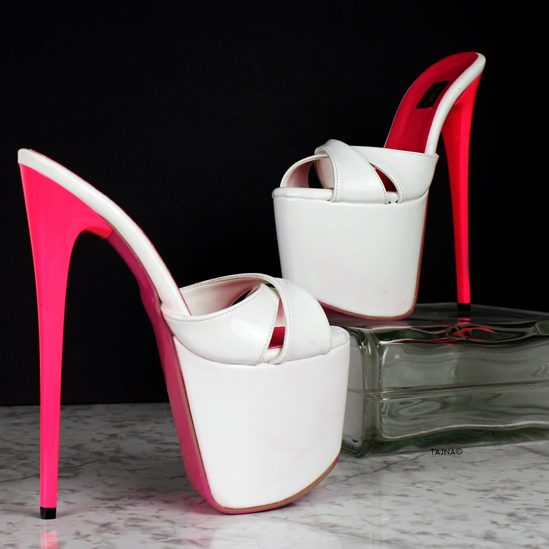 White Pink Cross Strap High Heel Mules | Tajna Shoes