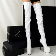 Back Zipper White Gloss Thigh High Boots - Tajna Club