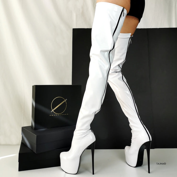 Back Zipper White Gloss Thigh High Boots - Tajna Club