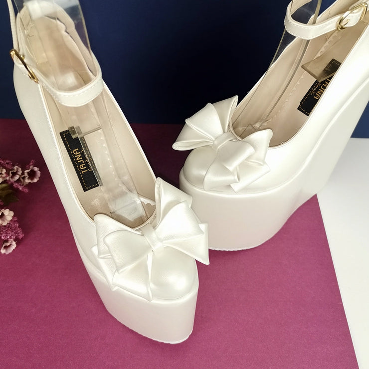Ivory White Ribbon Platform Heel Bridal Wedges - Tajna Club