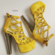 Yellow Lazer Cage Ankle Platform Heels - Tajna Club