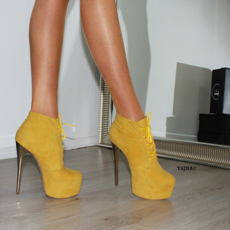 Lace Up Yellow High Heel Platform Ankle Boots - Tajna Club